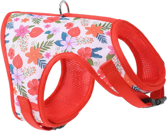 Mile High Life Dog Harness, Air Mesh Floral Vest Harness for 20 lbs Small Dogs & Cats, Easy Get on Adjustable Easy Closures Both Neck and Chest(Red Flower, M Chest 18"-20")