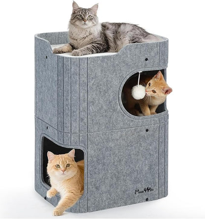 Made4Pets Cat House for Indoor Use, 2-Storey Cube Bed Cave, Covered Hideaway Condo with Scratch-Resistant Felt, Foldable Easy-to-Clean Design for Multi-Cat Homes, Grey