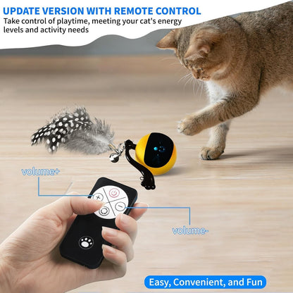 Interactive Cat Ball Toy with Remote Control, Automatic Moving Cat Toys Ball with Feather Tail, Electric Puzzle Toy for Chasing and Hunting (Yellow)