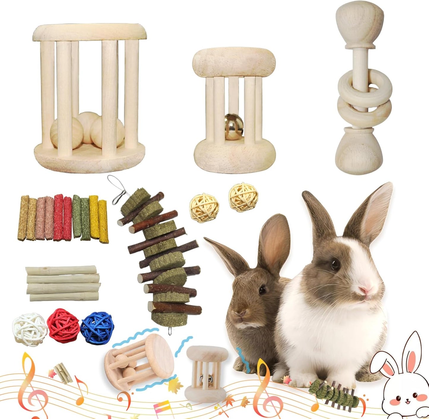 QWR 23 PCS Natural Wooden Rabbit Toys,Safe Bunny Chew Toys for Teeth,Grass Timothy Sticks,Sweet Bamboo,Guinea Pigs Teeth Grinding Toys for Chinchillas, Hamsters & Small Animals - Indoor & Outdoor