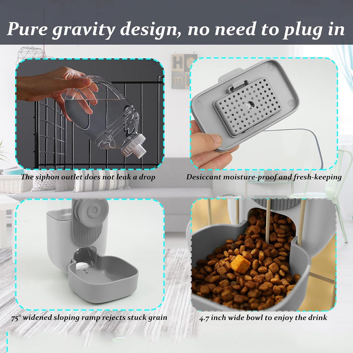 Kenond Hanging Automatic Food Water Dispenser, 35oz Rabbit Feeder Guinea Pig Water Bottle Feeder for Ferret Guinea Pig Rabbit Bunny Cage Accessories(Gray)