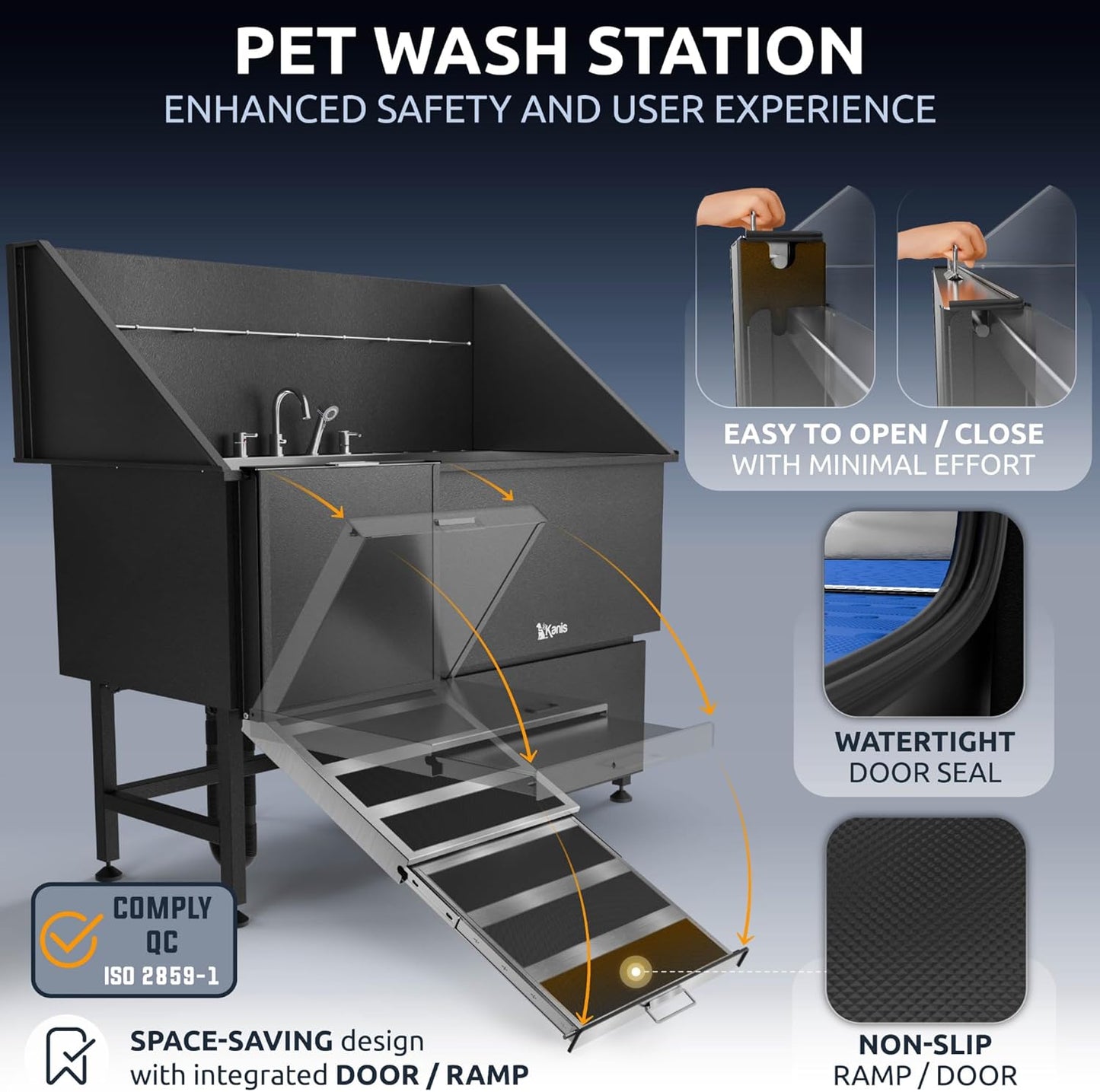 KANIS Black Line Professional Dog Washing Station - 304 Stainless Steel Pet Wash Sink & Grooming Bathtub w/Shower, Floor Grates and Storage for Large, Medium & Small Pets (61", 1 Drawer - Left Ramp)