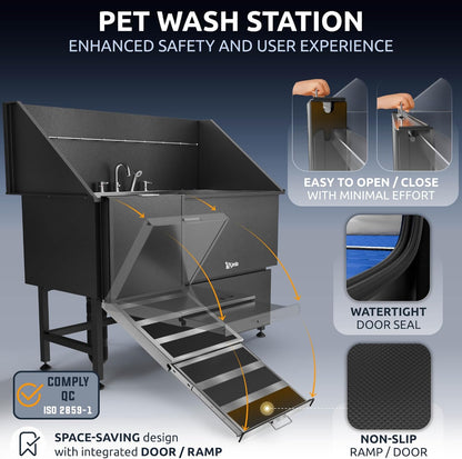 KANIS Black Line Professional Dog Washing Station - 304 Stainless Steel Pet Wash Sink & Grooming Bathtub w/Shower, Floor Grates and Storage for Large, Medium & Small Pets (61", 1 Drawer - Left Ramp)