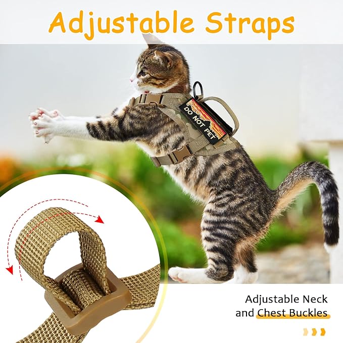Tactical Cat Harness for Walking, Adjustable Escape Proof Pet Vest for Large Cat,Easy Control Breathable Cat Vest with Handle，Molle Patches (camo Khaki, L)