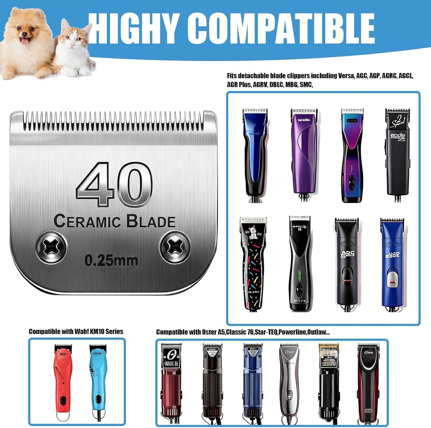 Dog Grooming Replacement Blades Compatible with Andis Dog Clipper, Dog Clipper Blades Compatible with Oster A5,Wahl KM-10 Series Dog Clipper,#40 Blades (0.25mm)