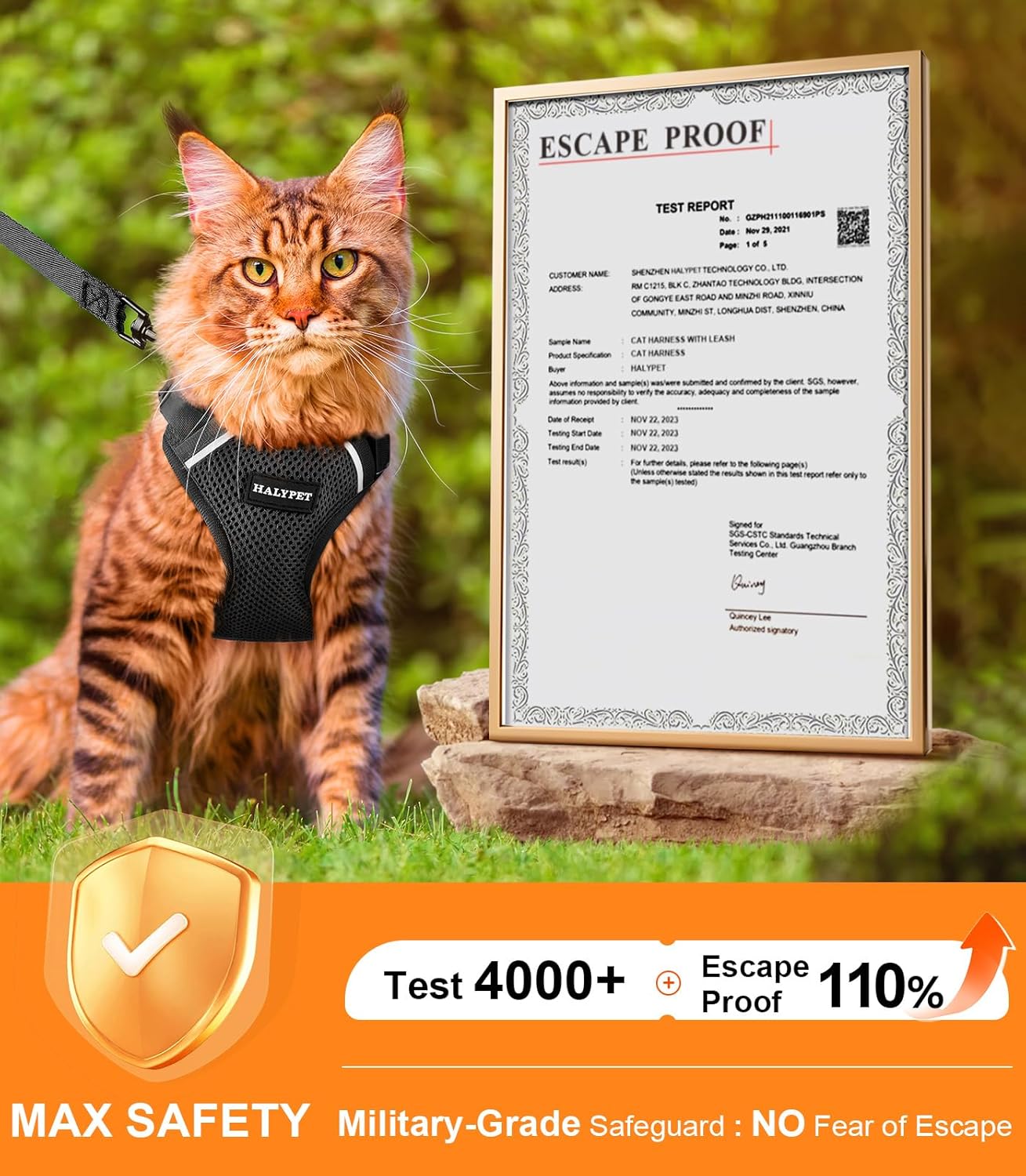 Halypet Cat Harness and Leash Set [ MAX Safety Third Generation ] Escape Proof Soft Adjustable Cat Leash Breathable Comfortable Vest Easy to Wear Kitten Harness for Outdoor Walking Black