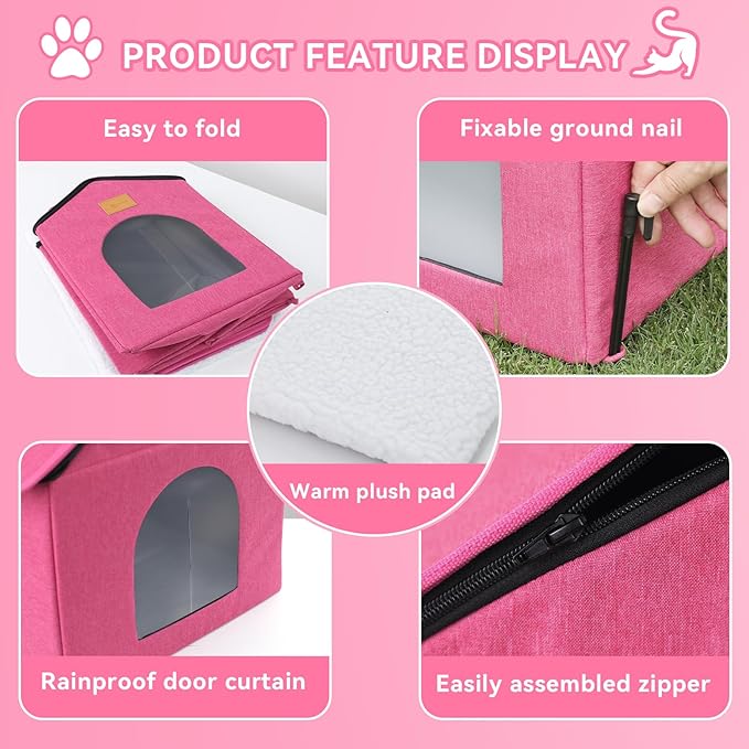 Outdoor Cat House for Shelter Feral Cat, Outside Waterproof Cat House for Outdoor/Indoor Cats, Insulated Cat Bed for All Seasons with Cozy Cushion (Rose Pink, Zip Style)