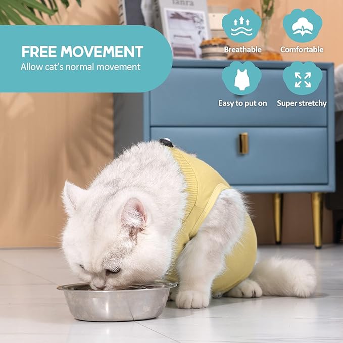 Avont Cat Recovery Suit - Kitten Onesie for Cats After Surgery, Cone of Shame Alternative Surgical Spay Suit for Female Cat, Post-Surgery or Skin Diseases Protection -Yellow(S)