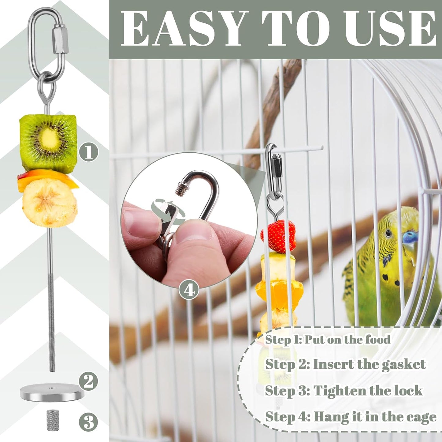 3 Pieces Stainless Steel Bird Cage Food Holder Set, Hanging Millet Holder Basket and Parrot Fruit Vegetable Skewer, Slow Treat Feeder Parrot Foraging Toys for Rat Small Pet Feeding