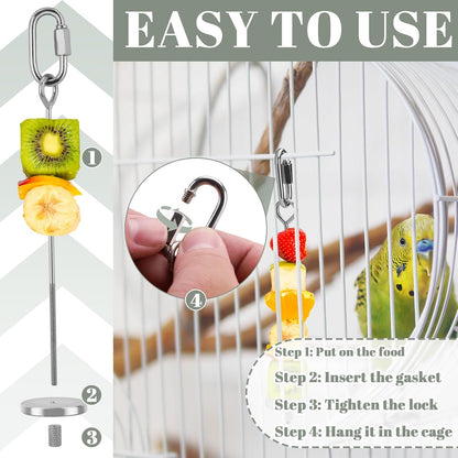 3 Pieces Stainless Steel Bird Cage Food Holder Set, Hanging Millet Holder Basket and Parrot Fruit Vegetable Skewer, Slow Treat Feeder Parrot Foraging Toys for Rat Small Pet Feeding