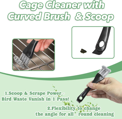 2 Pcs Bird Cage Cleaner Brush & Scoop with Long Handle and Curved Brush Head, 2-in-1 Bird Cage Cleaner with Front and Back Brushes for Kennel, and Parrot Perch Cleaning