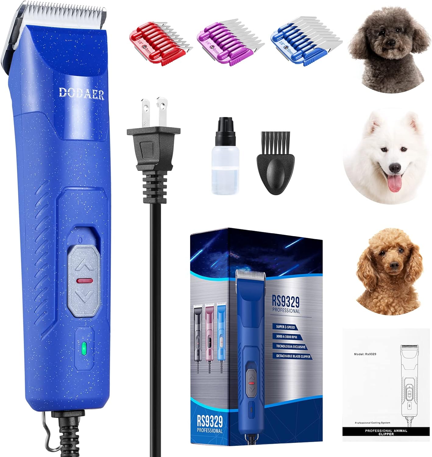 Professional Dog Grooming Electric Corded Clipper Super 2-Speed,Low Noise,Cool & Quiet Running Design for Thick Heavy Coats,Dogs,Cats and Other Animal (Blue)