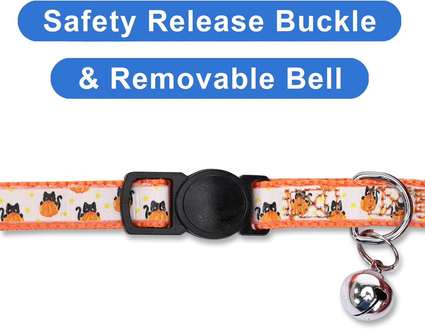 Pawtitas Halloween Cat Collars for Cats Adjustable Collar Glow in The Dark Feature and Safety Breakaway Buckle and Removable Bell to Match Your Halloween Cat's Costume - Orange Pumpkins Pattern