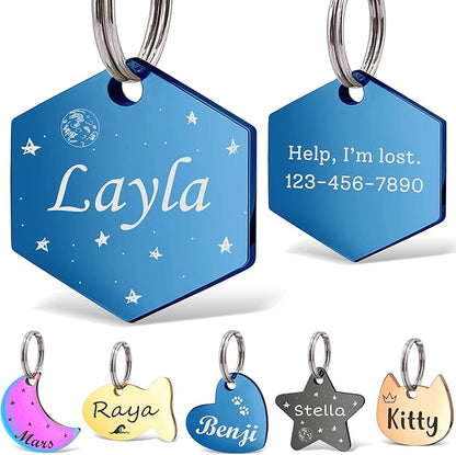 Anavia Small Size Dog Cat ID Tags, Small/XS Personalized Color Plated Stainless Steel Puppy Kitten Name Tags, Customized Engraved Nameplate Pet Collar Tag (Blue, Hexagon)