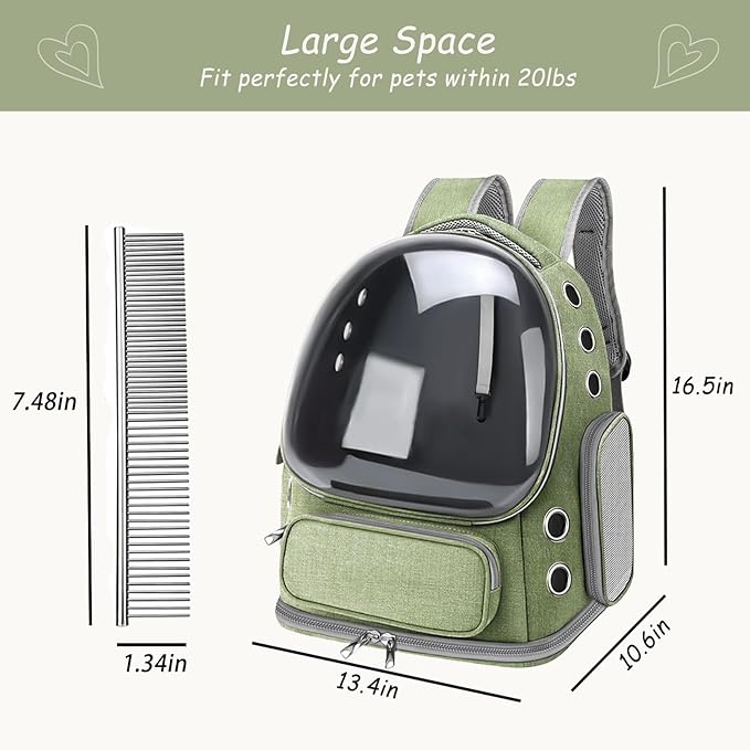 Cat Carrier with Groomer, Breathable Cat Bubble Carrier for Cats or Small Dogs up to 20 lbs, Collapsible Airline Approved, Clear Cat Travel Backpack (Green)