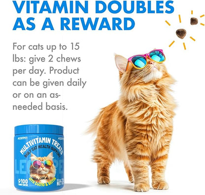 Multivitamin Cat Treats Vitamins for Indoor Cats Skin & Coat Digestion Immunity Mobility Heart & Brain Support Supplements for Overall Cat Health with Vitamins A B C D E and Biotin 100 Yummy Chews