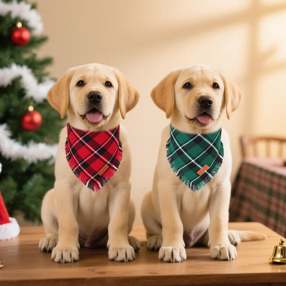 PTDECOR Christmas Dog Bandanas with Tassels Edges, 2 Pack Stylish Red Green Plaid Scarf Bibs, Premium Cotton Fabric, Reversible Triangle Christmas Bandanas for Small Dogs Puppies Cats(Small)