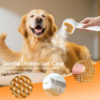 Pet Steam Brush for Dog & Cat - 3-in-1 Steam Grooming Brush for Shedding & Hair Removal - Self Cleaning Spray Comb with Mist for Long Haired Pets - Includes 2*Waterless Shampoo, Yellow