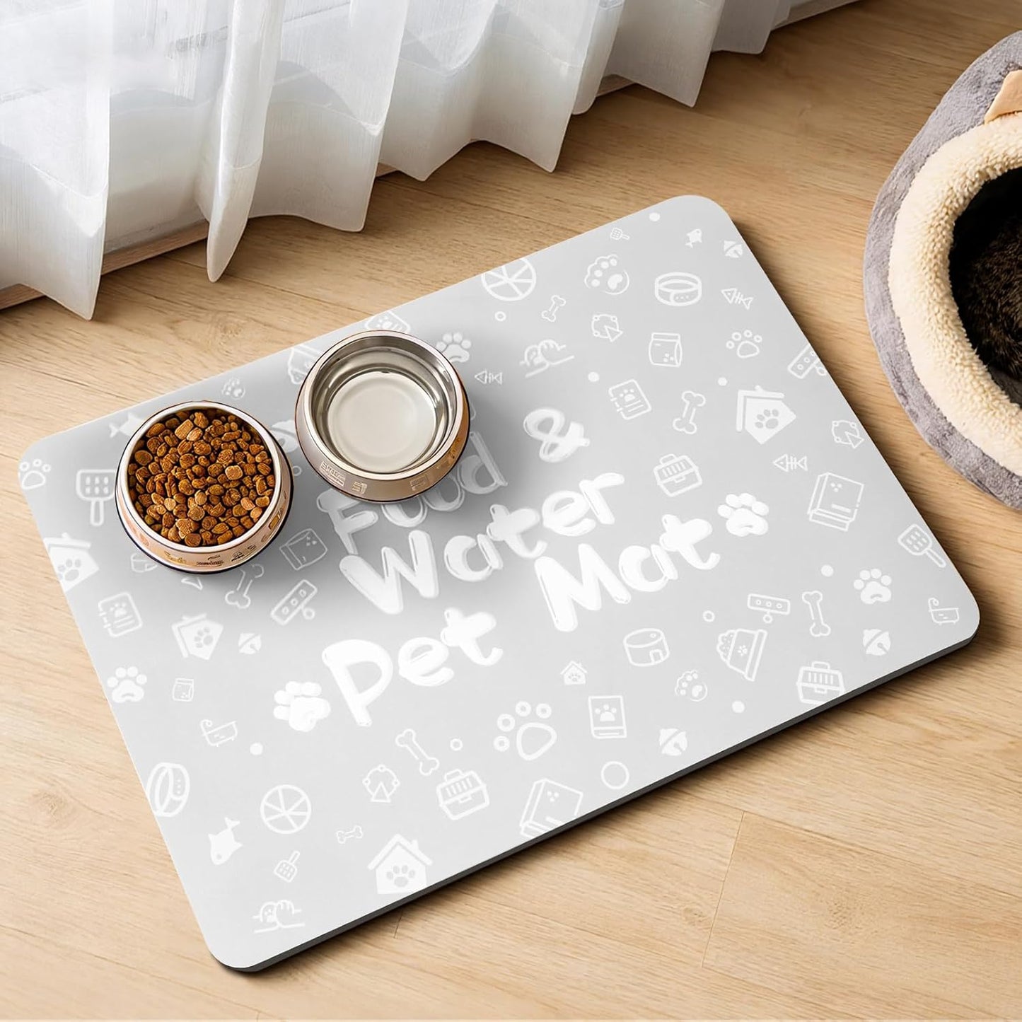 Pet Feeding Mat,Dog Cat Mat for Food and Water,Dog Bowl Waterproof Placemat with Rubber Backing,Absorbent Quick Dry Water Dispenser Mat for Pet（Light Gray 17"×29"）