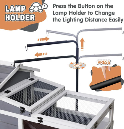 GEGURI Tortoise Habitat House Indoor Outdoor, 3-Room Wooden Turtle Enclosure Reptile Cage with Shelf Storage, Balcony & 2 Stories for Small Animals