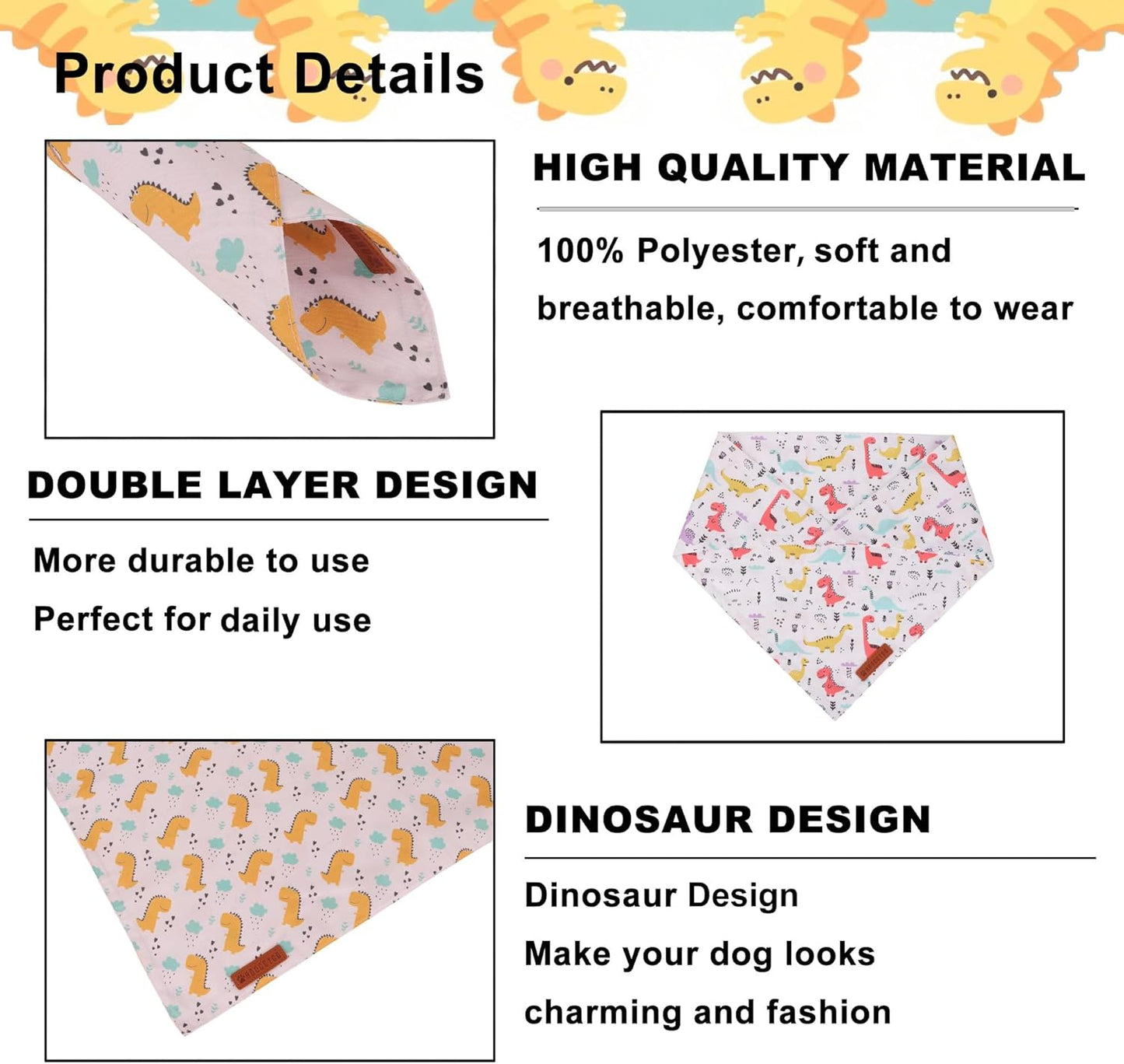 ADOGGYGO Dinosaur Dog Bandanas, Colorful Dino Pattern Pet Scarf, Premium Soft Fabric, Adjustable Fit Dinosaur Bandanas for Small Dogs (Small)
