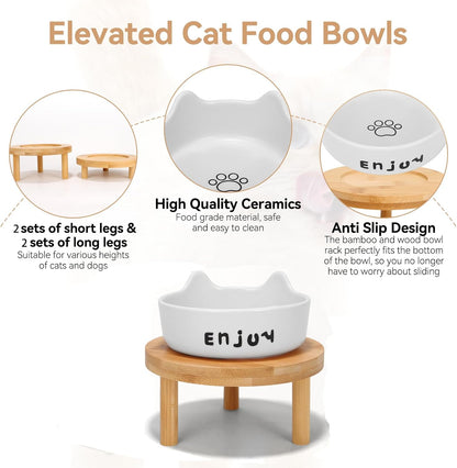 3PCS Elevated Cat Bowls,Wide Raised Ceramic Pet Dishes with Bamboo Stand, Whisker Friendly Pet Water or Food Plates Feeding Station for Indoor Small Dogs, Kitten (White(1PCS))