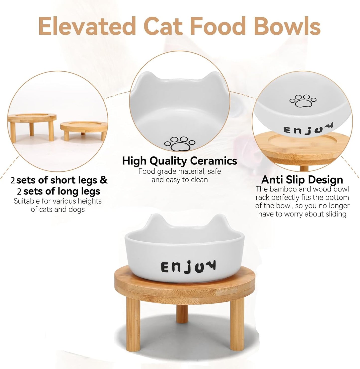 3PCS Elevated Cat Bowls,Wide Raised Ceramic Pet Dishes with Bamboo Stand, Whisker Friendly Pet Water or Food Plates Feeding Station for Indoor Small Dogs, Kitten (Black(2PCS))