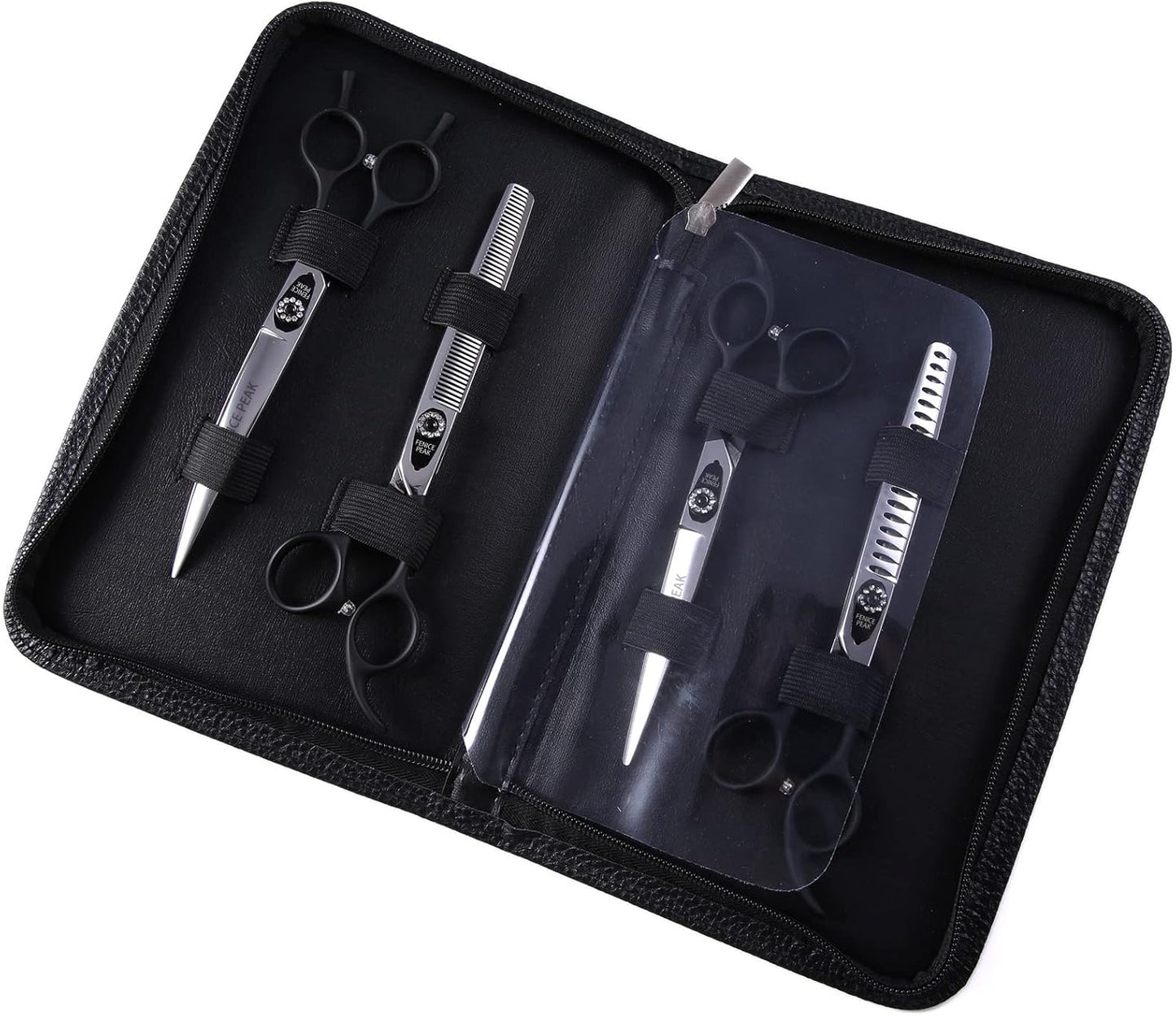 Fenice Peak 8.0'' Professional Dog Grooming Scissors Set with Black Non-Slip Handle 440C Stainless Steel Straight Thinning Curved Chunker Shears 4pcs Set for Pet Grooming Services