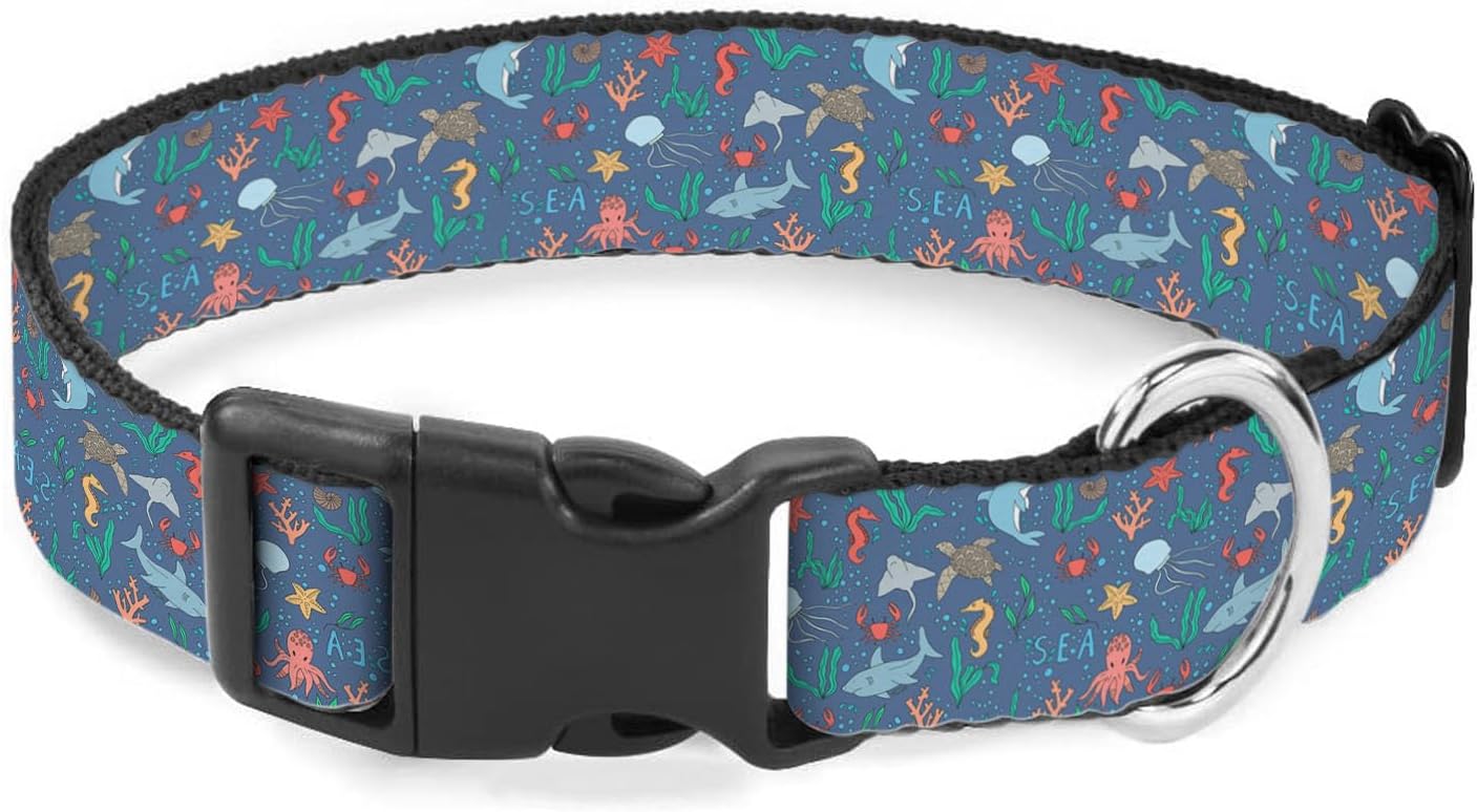 Ocean World Dog Collar Sea Shark Turtle Seahorse Octopus Jellyfish Dolphin Pet Neck Strap for Small Medium Large Dogs Soft Adjustable Buckle