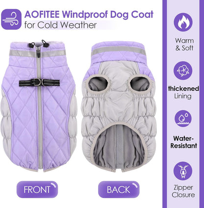 AOFITEE Dog Coat, Warm Dog Jackets for Small Dogs, Dogs Winter Coat with Harness Built in, Reflective Pet Winter Jacket, Waterproof Windproof Puppy Puffer Jacket Fleece Vest, Lilac XS