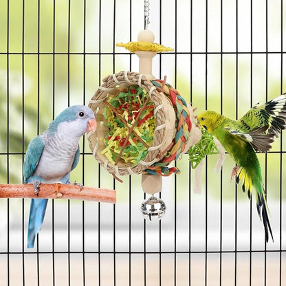 Hypeety Bird Foraging Toys Natural Seagrass Woven Basket Parrot Foraging Chewing Toy with Bell Colourful Parakeet Hanging Toys for Cockatiel Sun Parakeet Budgie Lovebirds (1 pc Woven Basket)