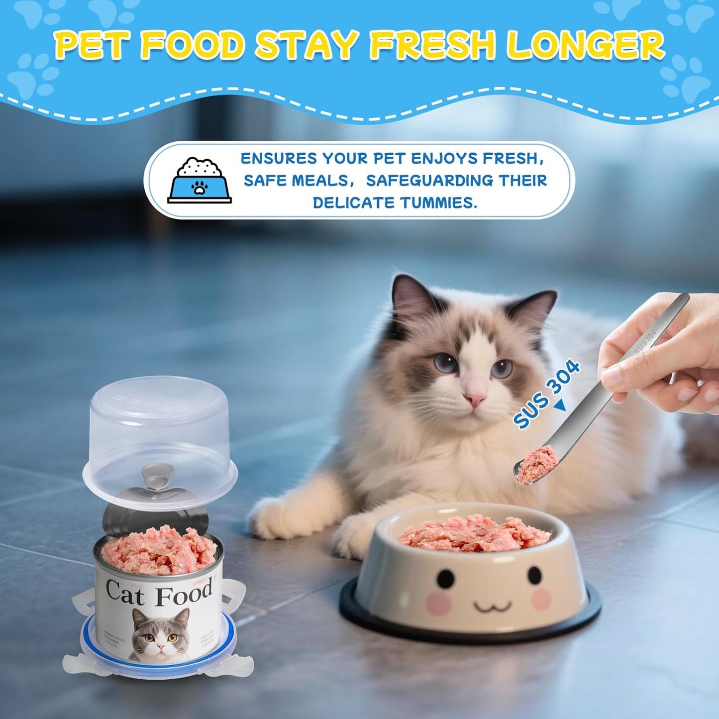 REFLYING Canned Cat Food Storage Lids,Reusable Airtight Can Cover Pet Food Sealer - Keeps Cat Food Storage Can Fresh, Cat Food Container Eliminates Odor, Easy To Use With SUS 304 Spoon,Can Opener