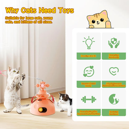 4-in-1 Cat Toys, Interactive Cat Toy with Track Balls, Fluttering Feathers, Slow Food Dispenser, Fun & Engaging Toys for Bored Indoor Cats, Durable & Safe Interactive (Pink)