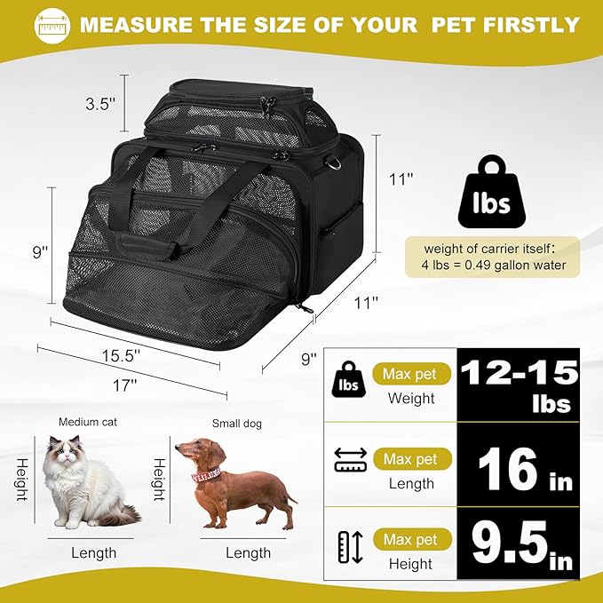 top and 1 Side Expandable, 17x11x11 Soft-Sided pet Carrier, TSA and American/Delta/United Airline Approved,for Small Dog/Puppy/cat underseat in Airplane and Vet.