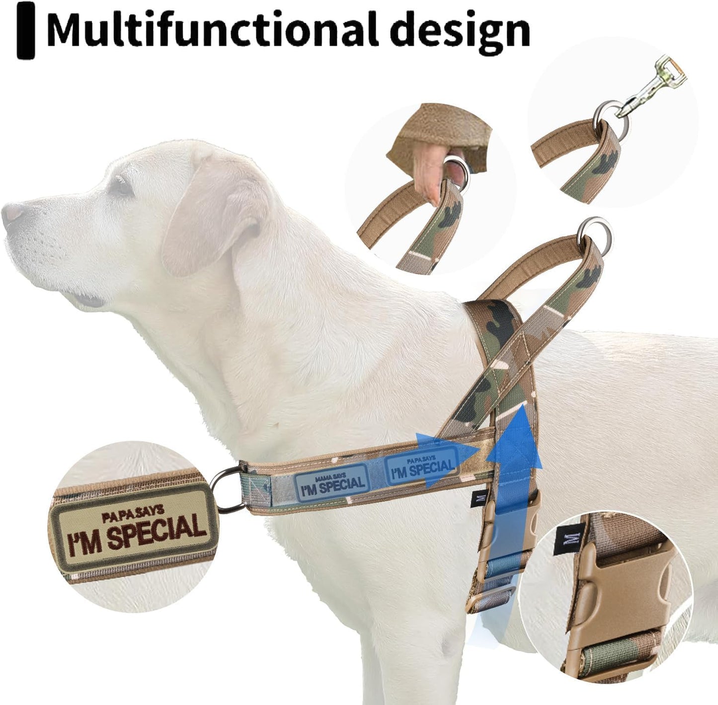 No Pull Dog Harness for Small Medium Large Sized Dogs, Escape Proof Adjustable Dog Harnesses with 2 Patch, Green Camo, L