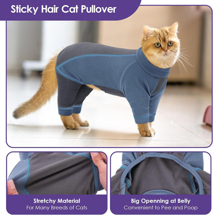 SUNFURA Hair Sticky Cat Clothes, Cat Sweater for Cats Only, 4-Legged Fleece Sweaters Kitten Pajamas Reduce Shedding Fur, Warm Pullover Shirts for Cats, Blue M