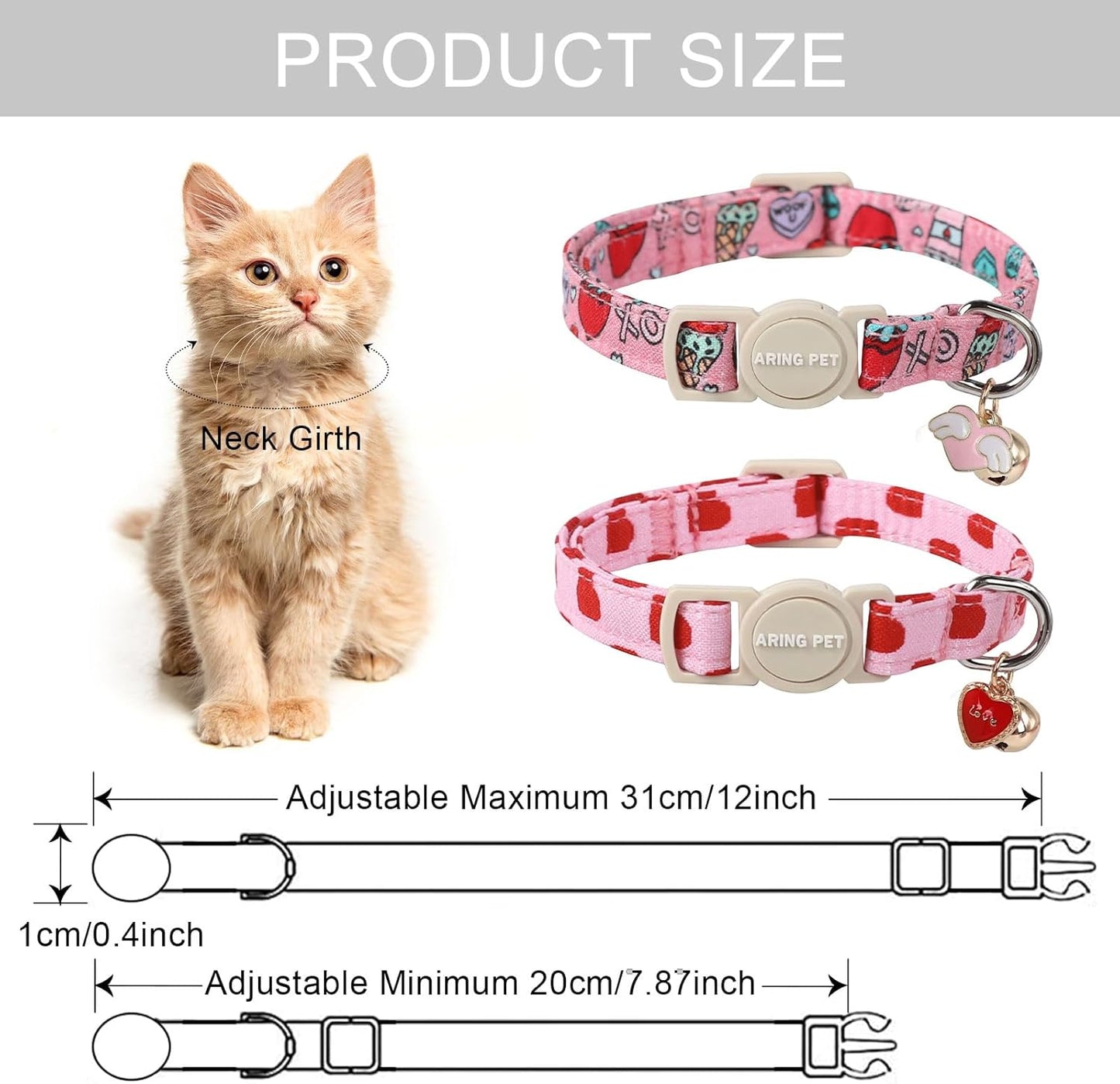 ARING PET 2 Pack Valentine's Day Cat Collars-Cute Heart Cat Collar Breakaway with Bell&Pendant, Adjustable Valentine Kitten Collars with Safety Buckle for Girl and Boy Cats