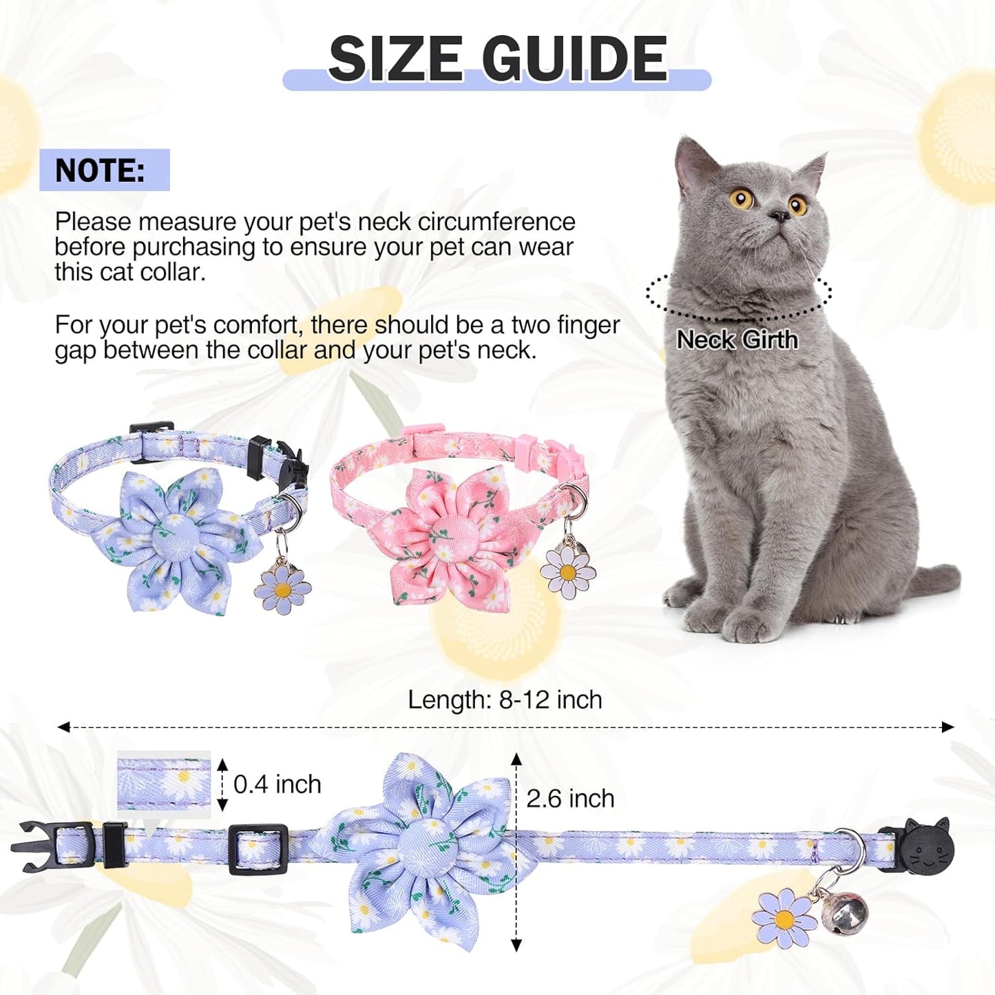 Breakaway Cat Collars for Girl Boy Cats, 2 Pack Cute Kitten Collar with Bells & Flowers, Safety Adjustable Female Male Kitty Puppy Floral Collar Pink & Blue, Small Pet Spring Gifts