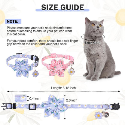 Breakaway Cat Collars for Girl Boy Cats, 2 Pack Cute Kitten Collar with Bells & Flowers, Safety Adjustable Female Male Kitty Puppy Floral Collar Pink & Blue, Small Pet Spring Gifts