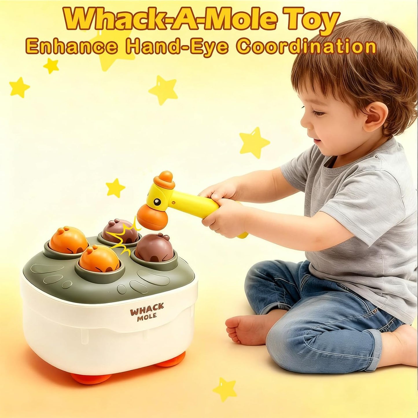 Press and Go Toddler Car Toys, Baby Push Car with Whack-A-Mole, Woodpecker Worm, Carrot Harvest Game, Train Toys for Toddlers 3-5, Racing Truck Toy, Kids Sensory Learning Birthday