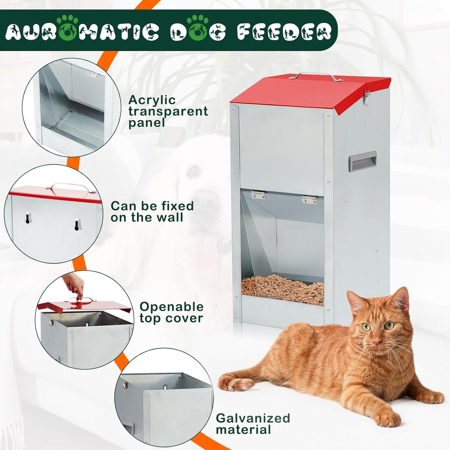 2 Pcs 12 Lbs Large Automatic Dog Feeders with Handle Acrylic Panel Galvanized Gravity Feeder Outdoor Hanging for Doggie Breed Dog Food Dispenser Container(Red, No Wheels)