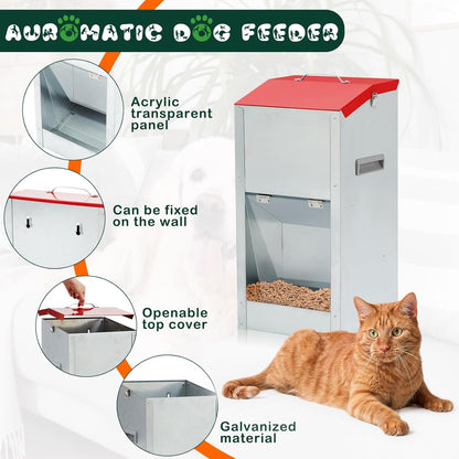 2 Pcs 12 Lbs Large Automatic Dog Feeders with Handle Acrylic Panel Galvanized Gravity Feeder Outdoor Hanging for Doggie Breed Dog Food Dispenser Container(Red, No Wheels)