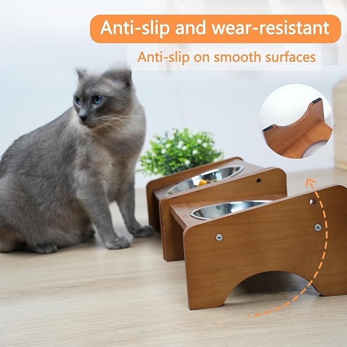Elevated Stainless Steel Raised Food and Water Bowls, 15 Tilted Anti Vomiting, Dishwasher Safe, Non-Slip, Suitable for Cats and Puppies (Brown) - 2 Pack