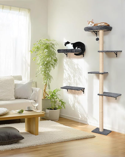 FUKUMARU Cat Wall Shelves, Stable Wall Mounted Cats Furniture Set, Kitten Scratching Post with Soft Cushion Perch, Space Saving Climbing Wall for 16 Inch Drywall - Gray