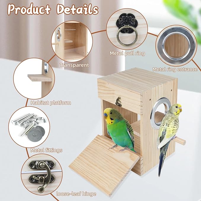 Parakeet Nesting Box Transparent Design, Natural Wood Bird Nest Breeding Box with Perch, Acrylic Bird House for Cage Bird Nesting Box for Small Cockatiel Lovebirds Finch Parrot Canary M