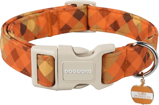 DOGWONG Fall Orange Plaid Dog Collar- Cute Designer Fall Autumn Thanksgiving Checkered Dog Collars Adjustable Halloween Dog Collar for Small Medium Large Dogs XS