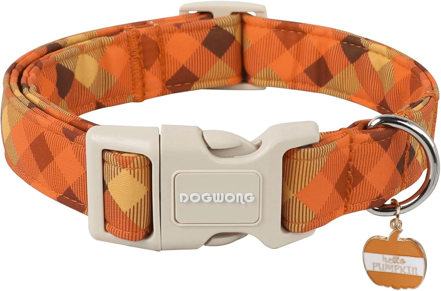DOGWONG Fall Orange Plaid Dog Collar- Cute Designer Fall Autumn Thanksgiving Checkered Dog Collars Adjustable Halloween Dog Collar for Small Medium Large Dogs L