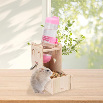 2 in 1 Hamster Hanging Water Bottle Pet Auto Dispenser with Base for Hamster Mice Gerbil Hedgehog (Smile Wooden)