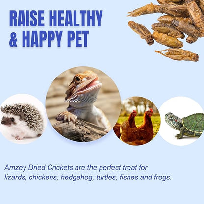 Amzey Appetizing Mealworms Natural Dried Crickets - Food for Bearded Dragons, Wild Birds, Chickens, Fish - (8 oz Resealable Bag) - Veterinary Certified