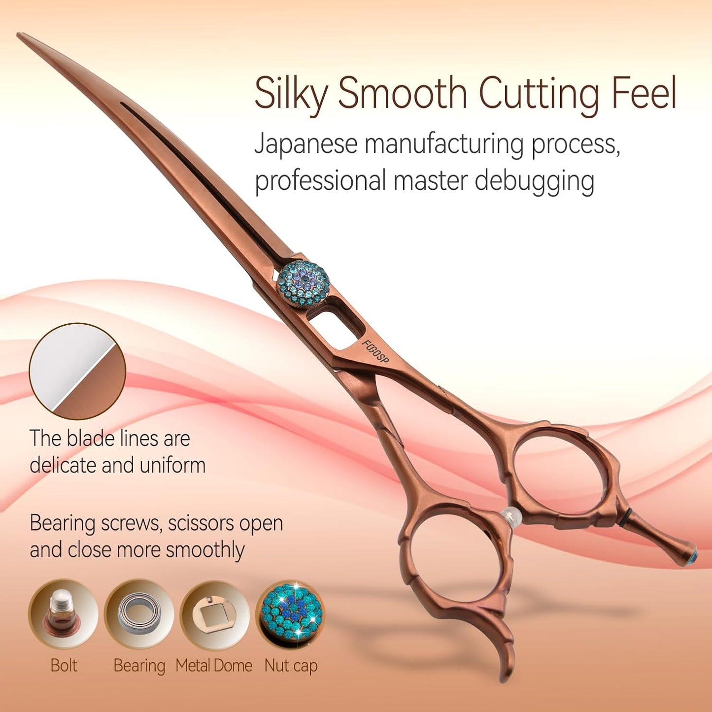 Curved Dog Grooming Scissors 7'' Downward 30° Professional Pet Grooming Trimming Shears for Dogs Suzhi Teddy High Cobalt Alloy Steel for Right Handed Groomers (7, Chocolate Curve)